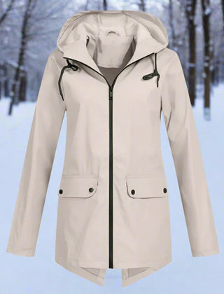 Christine Brewer women's waterproof hooded rain jacket with zip-up front, adjustable cuffs, and functional pockets.