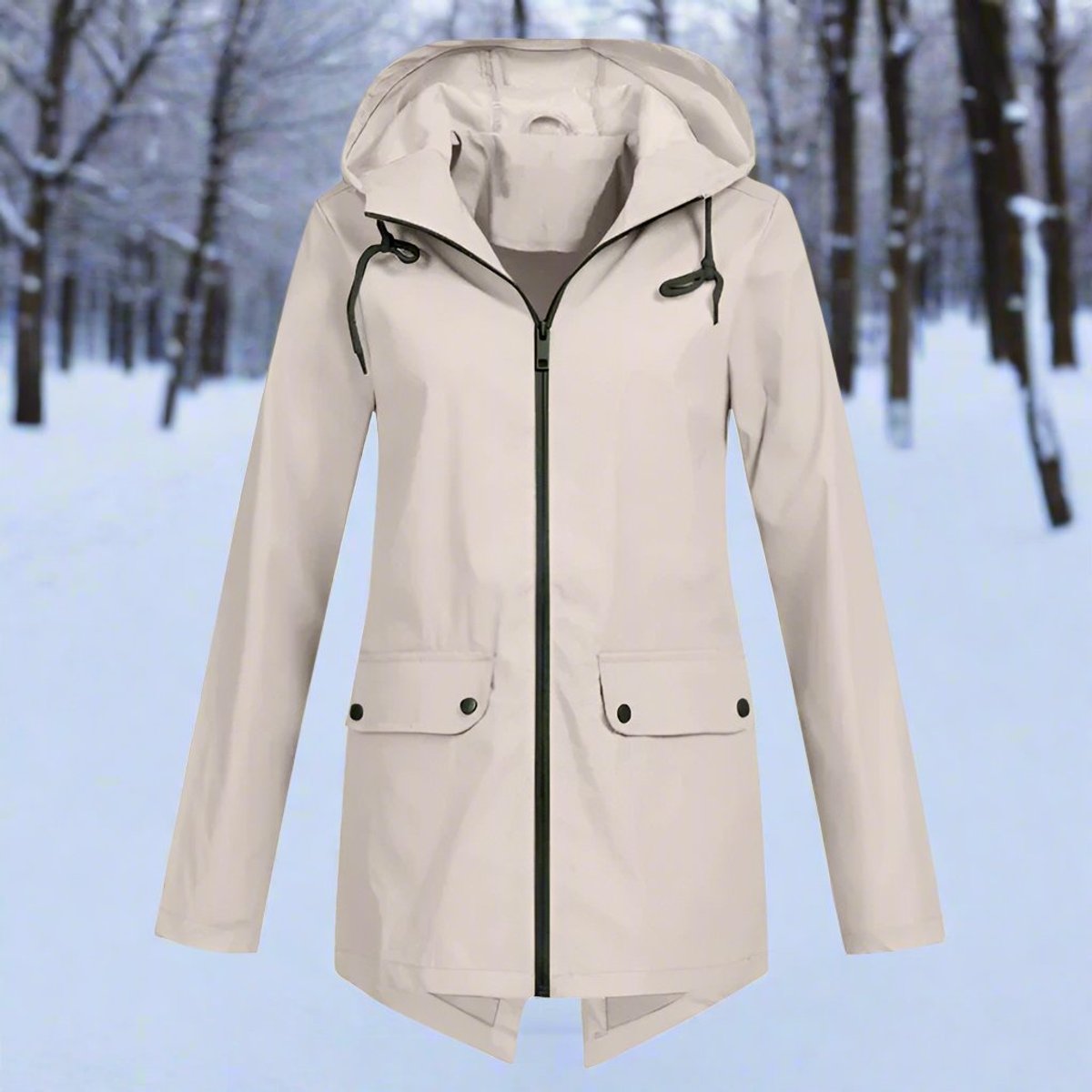 Christine Brewer women's waterproof hooded rain jacket with zip-up front, adjustable cuffs, and functional pockets.
