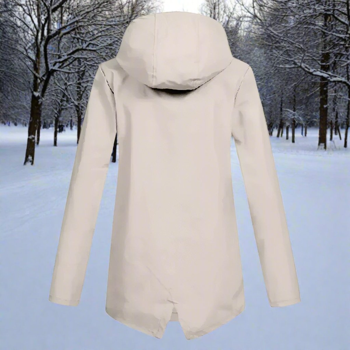 Women's waterproof hooded rain jacket by Christine Brewer with zip-up front, adjustable cuffs, and multiple pockets.