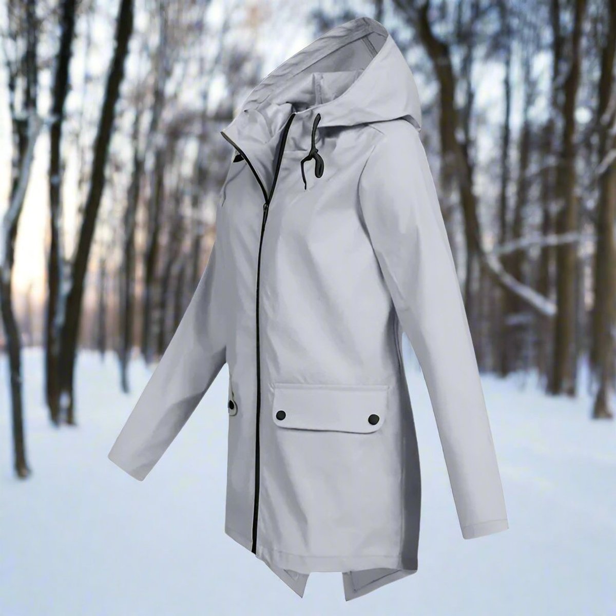 Women’s waterproof hooded rain jacket by Christine Brewer with zip-up front, adjustable cuffs, and multiple pockets.