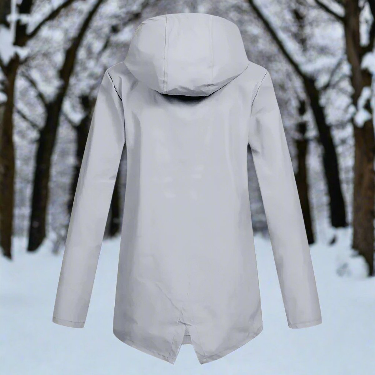 Women’s waterproof hooded rain jacket by Christine Brewer with zip-up front, adjustable cuffs, and side pockets.