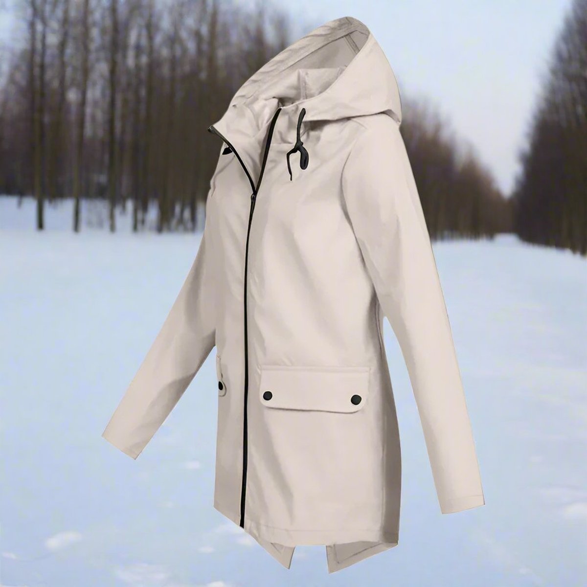 Women's waterproof hooded rain jacket by Christine Brewer, longline design with zip-up front, ideal for rainy weather.