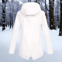 Women’s waterproof hooded rain jacket by Christine Brewer, longline zip-up design with a hood, suitable for rainy weather.