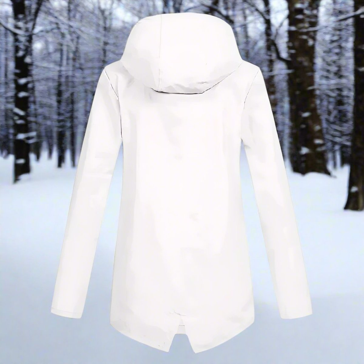 Women’s waterproof hooded rain jacket by Christine Brewer, longline zip-up design with a hood, suitable for rainy weather.