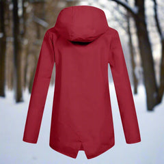 Women’s waterproof hooded rain jacket by Christine Brewer, longline zip-up design, ideal for rainy weather and outdoor protection.