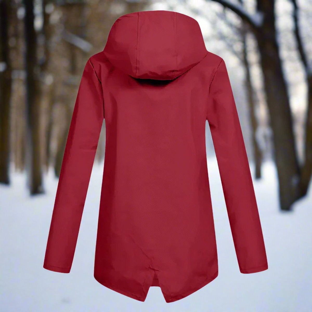 Women’s waterproof hooded rain jacket by Christine Brewer, longline zip-up design, ideal for rainy weather and outdoor protection.