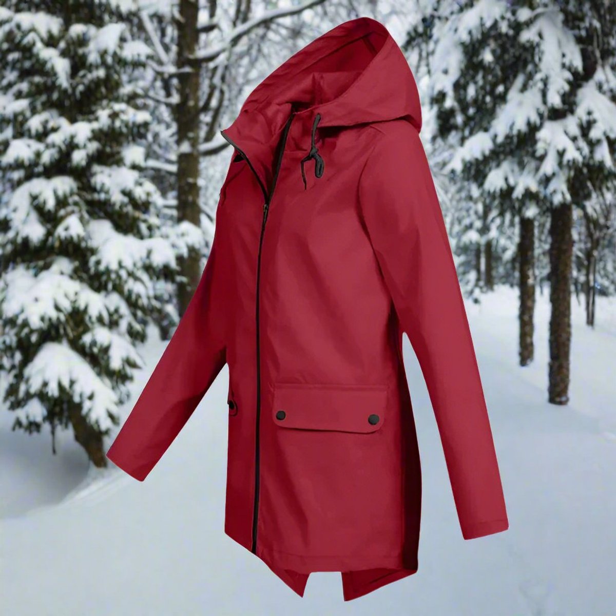 Women’s waterproof hooded rain jacket by Christine Brewer, longline zip-up design, ideal for rainy weather and outdoor protection.