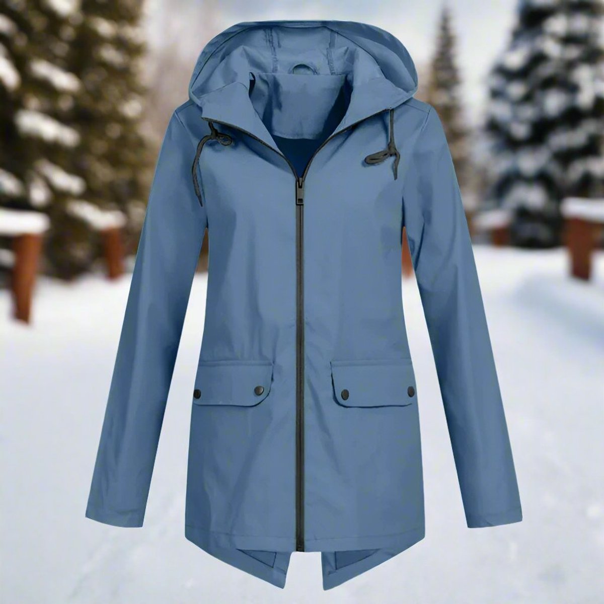Women's waterproof hooded rain jacket by Christine Brewer, longline zip-up design with a hood for wet weather protection.