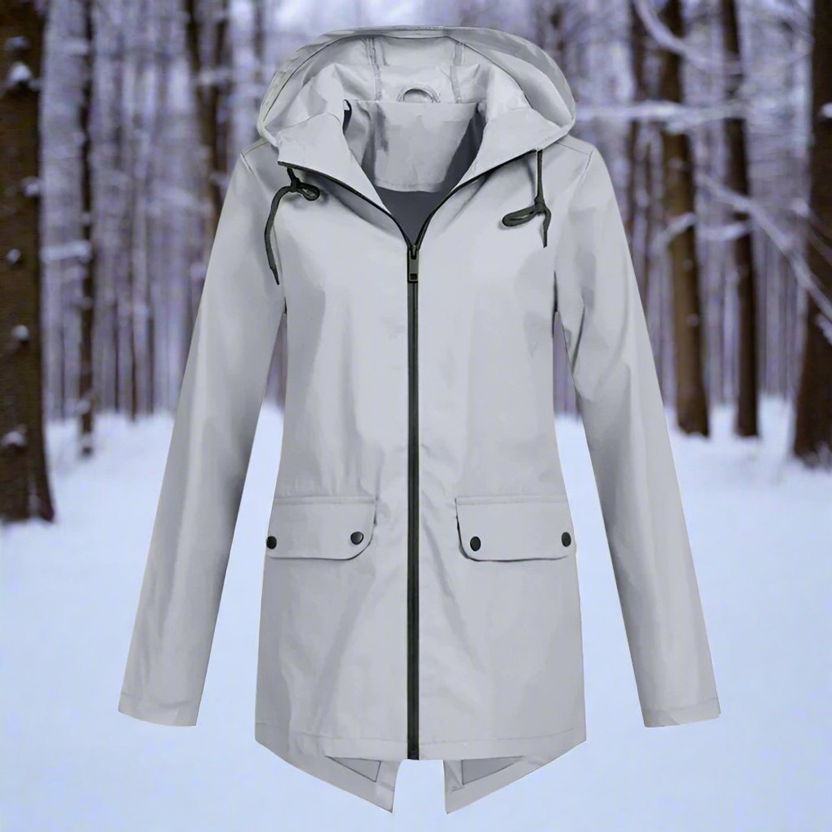 Women’s waterproof hooded rain jacket by Christine Brewer, longline zip-up design, ideal for rainy weather.