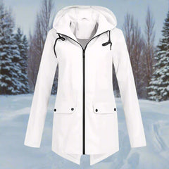 Women’s waterproof hooded rain jacket by Christine Brewer, longline zip-up design, ideal for wet weather and outdoor activity.