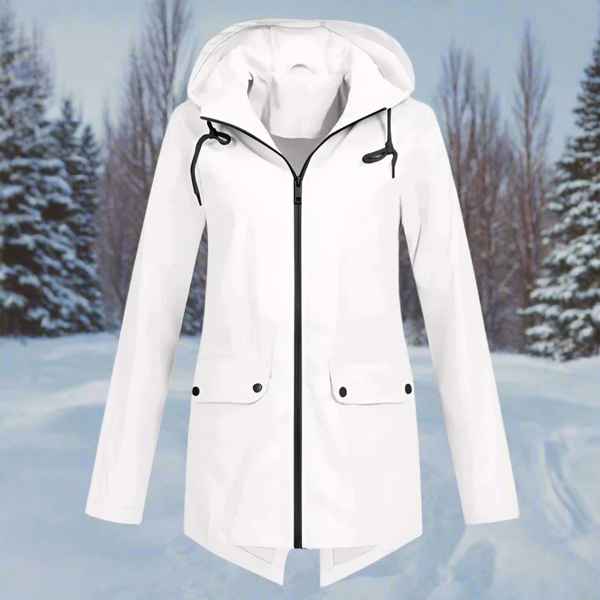 Women’s waterproof hooded rain jacket by Christine Brewer, longline zip-up design, ideal for wet weather and outdoor activity.