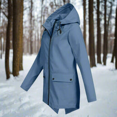 Women’s waterproof hooded rain jacket by Christine Brewer, longline zip-up raincoat with hood, perfect for wet weather.