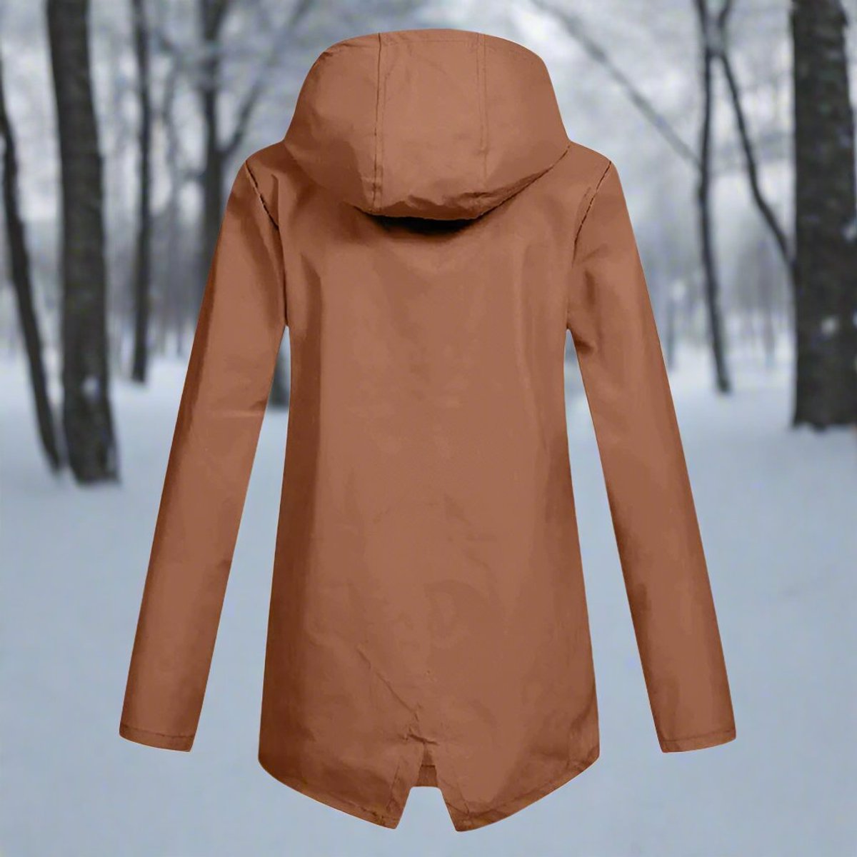 Christine Brewer women's waterproof hooded rain jacket with zip-up front and longline design, ideal for rainy weather.