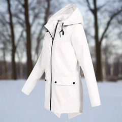 Women’s waterproof hooded rain jacket by Christine Brewer, longline zip-up design with a hood, ideal for rainy weather.
