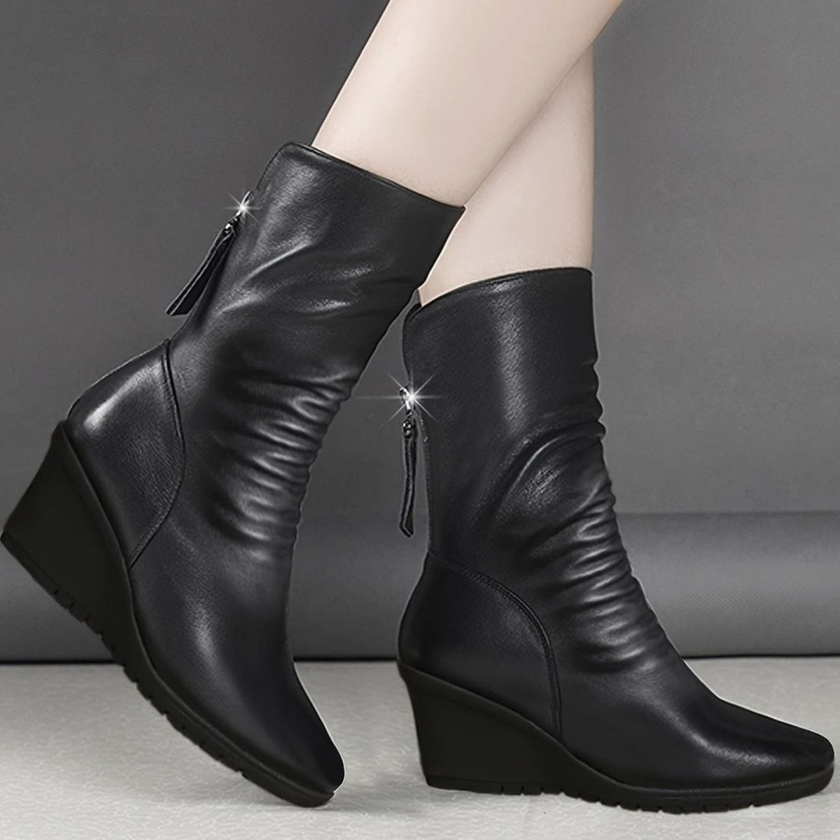 Edith | Mid-Calf Boots, Women, Wedge Heel, Side Zip, Ruched, Tassel, Leather, Slouch, Fall, Winter