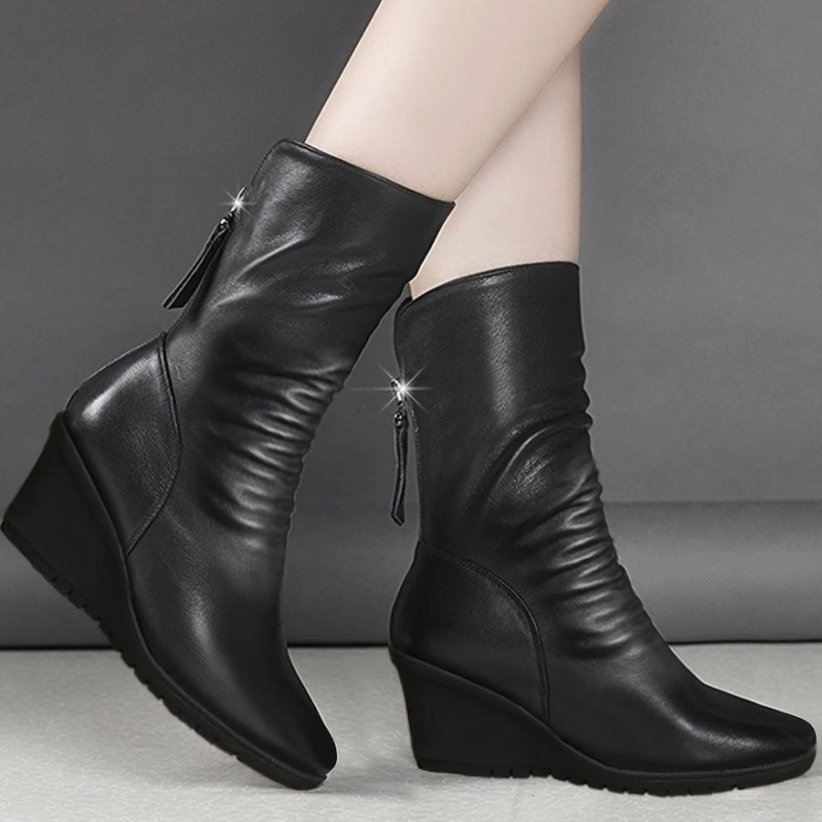 Edith | Mid-Calf Boots, Women, Wedge Heel, Side Zip, Ruched, Tassel, Leather, Slouch, Fall, Winter
