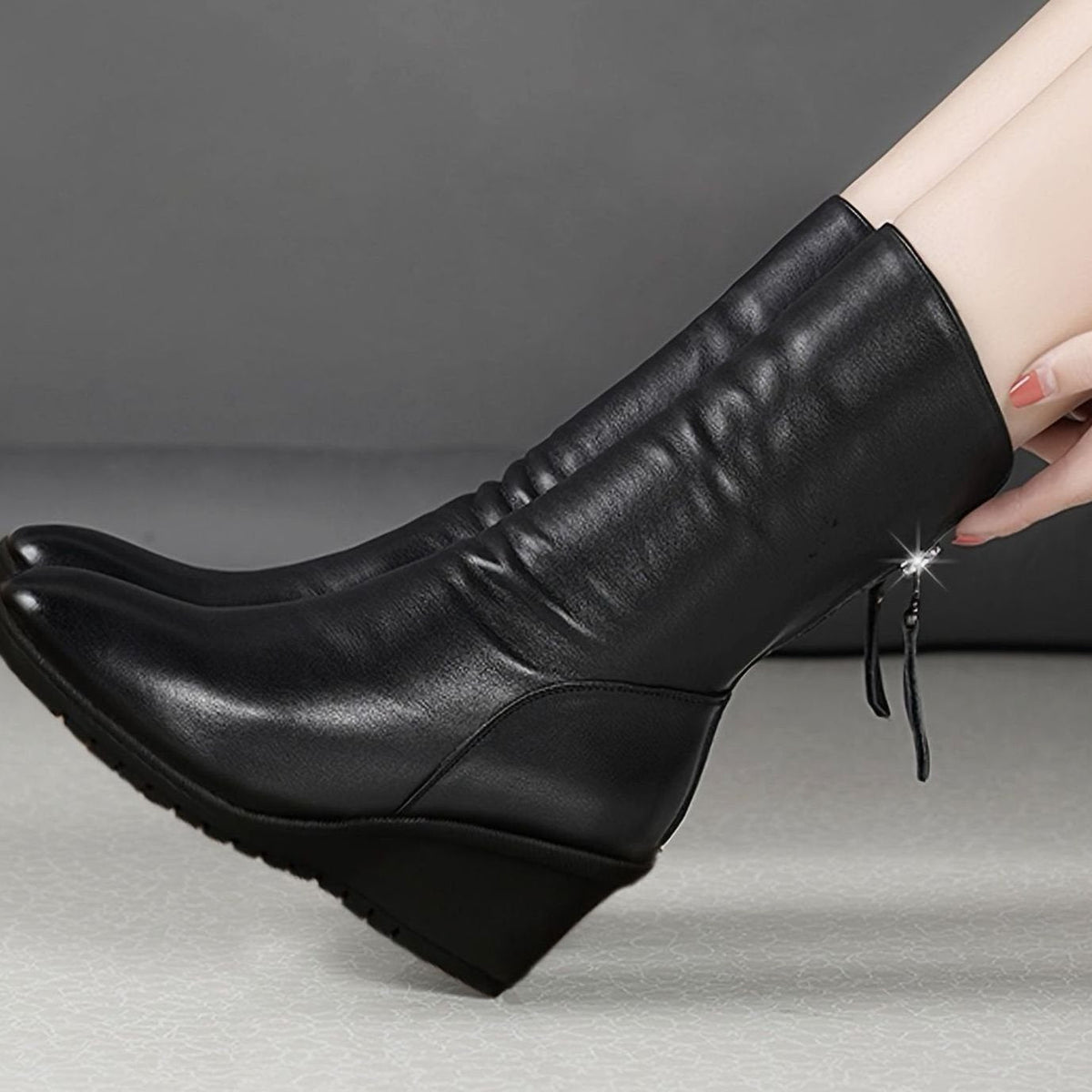 Edith | Mid-Calf Boots, Women, Wedge Heel, Side Zip, Ruched, Tassel, Leather, Slouch, Fall, Winter