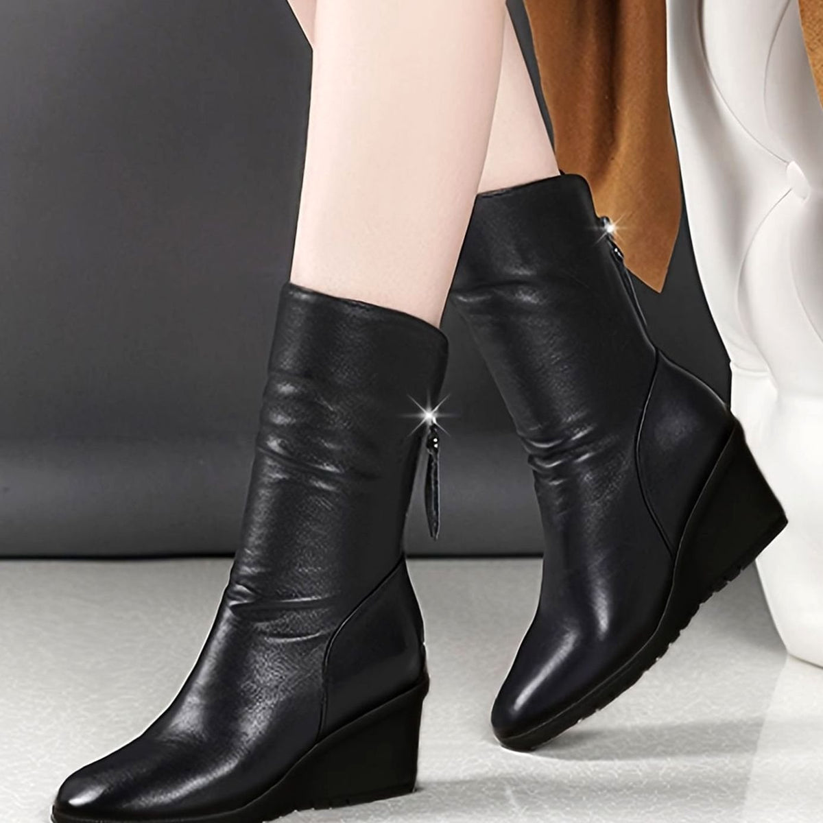Edith | Mid-Calf Boots, Women, Wedge Heel, Side Zip, Ruched, Tassel, Leather, Slouch, Fall, Winter