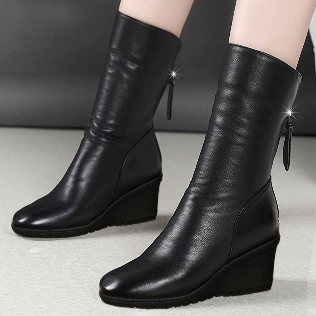Edith | Mid-Calf Boots, Women, Wedge Heel, Side Zip, Ruched, Tassel, Leather, Slouch, Fall, Winter