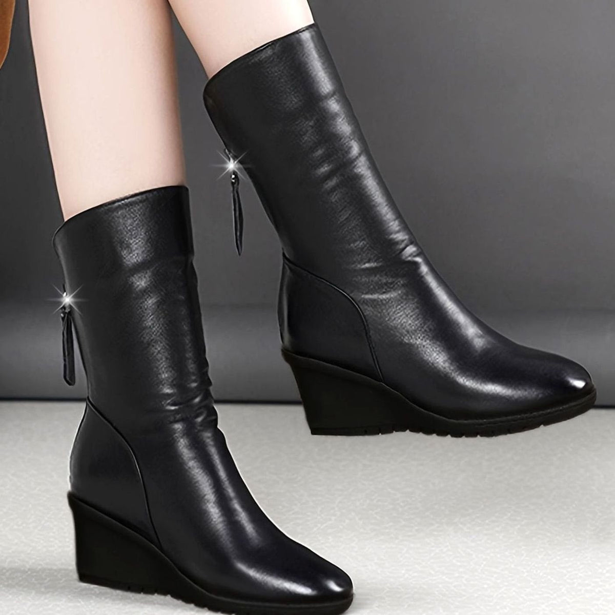 Edith | Mid-Calf Boots, Women, Wedge Heel, Side Zip, Ruched, Tassel, Leather, Slouch, Fall, Winter