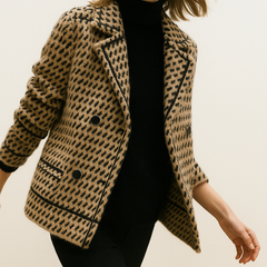 Christine Brewer Isabella women's cropped double-breasted knit cardigan in soft wool, shown in a cozy, stylish fit.