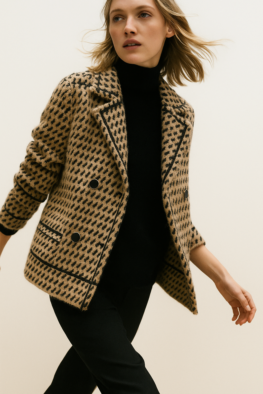 Christine Brewer Isabella women's cropped double-breasted knit cardigan in soft wool, shown in a cozy, stylish fit.