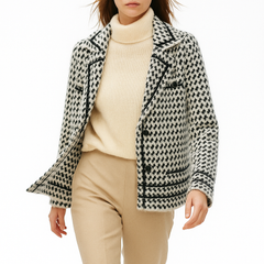 Close-up of Christine Brewer Isabella women's cropped double-breasted knit cardigan in soft wool, showing textured fabric and button details.