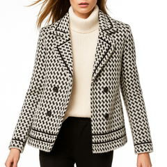 Isabella Christine Brewer women's cropped double-breasted knit cardigan made of wool, shown in a front view on a neutral background.