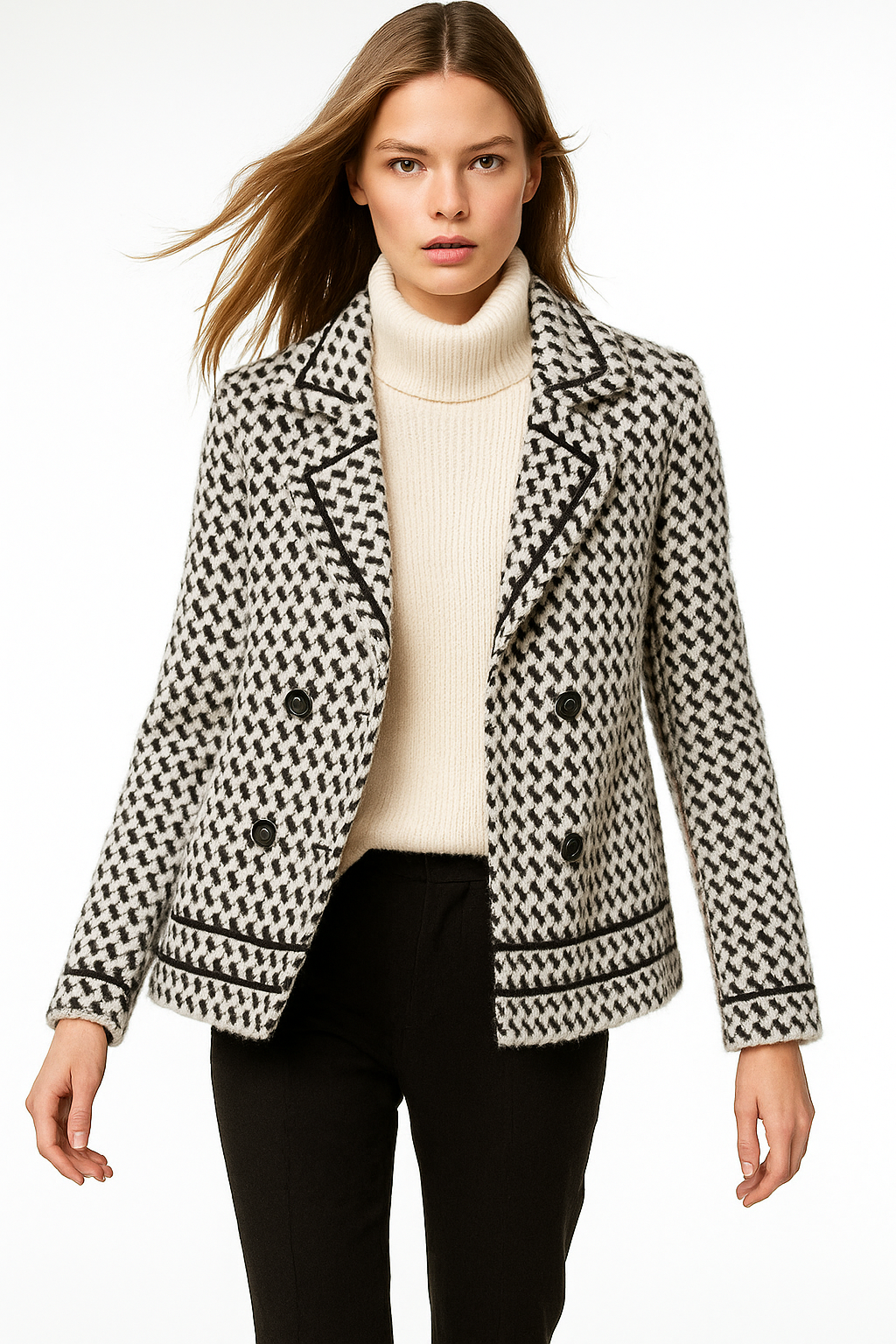 Isabella Christine Brewer women's cropped double-breasted knit cardigan made of wool, shown in a front view on a neutral background.