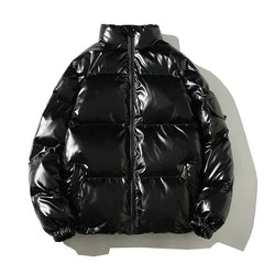 Black metallic puffer jacket for women, Sophia by Christine Brewer, featuring a windproof, cosy design with a stylish puffer style.