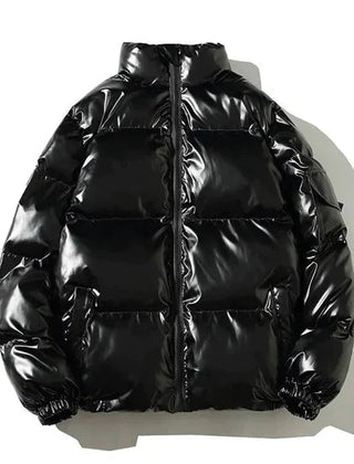 Black metallic puffer jacket for women, Sophia by Christine Brewer, featuring a windproof, cosy design with a stylish puffer style.