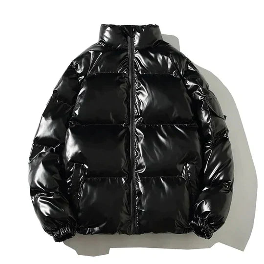 Black metallic puffer jacket for women, Sophia by Christine Brewer, featuring a windproof, cosy design with a stylish puffer style.