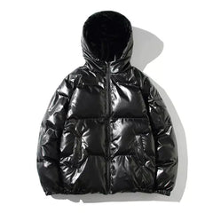 Black metallic puffer jacket for women, Sophia by Christine Brewer, featuring a hood and windproof design.