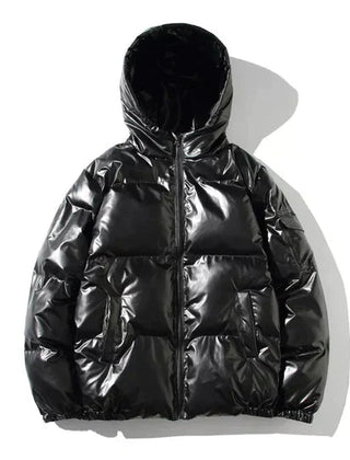 Black metallic puffer jacket for women, Sophia by Christine Brewer, featuring a hood and windproof design.