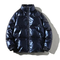 Blue Xenia windproof metallic puffer jacket for women by Christine Brewer, featuring a cozy, insulated puffer design.