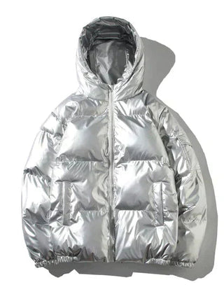 Silver metallic puffer jacket for women by Christine Brewer, featuring a hood and windproof design.