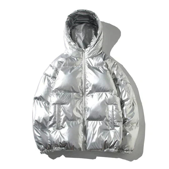 Silver metallic puffer jacket for women by Christine Brewer, featuring a hood and windproof design.
